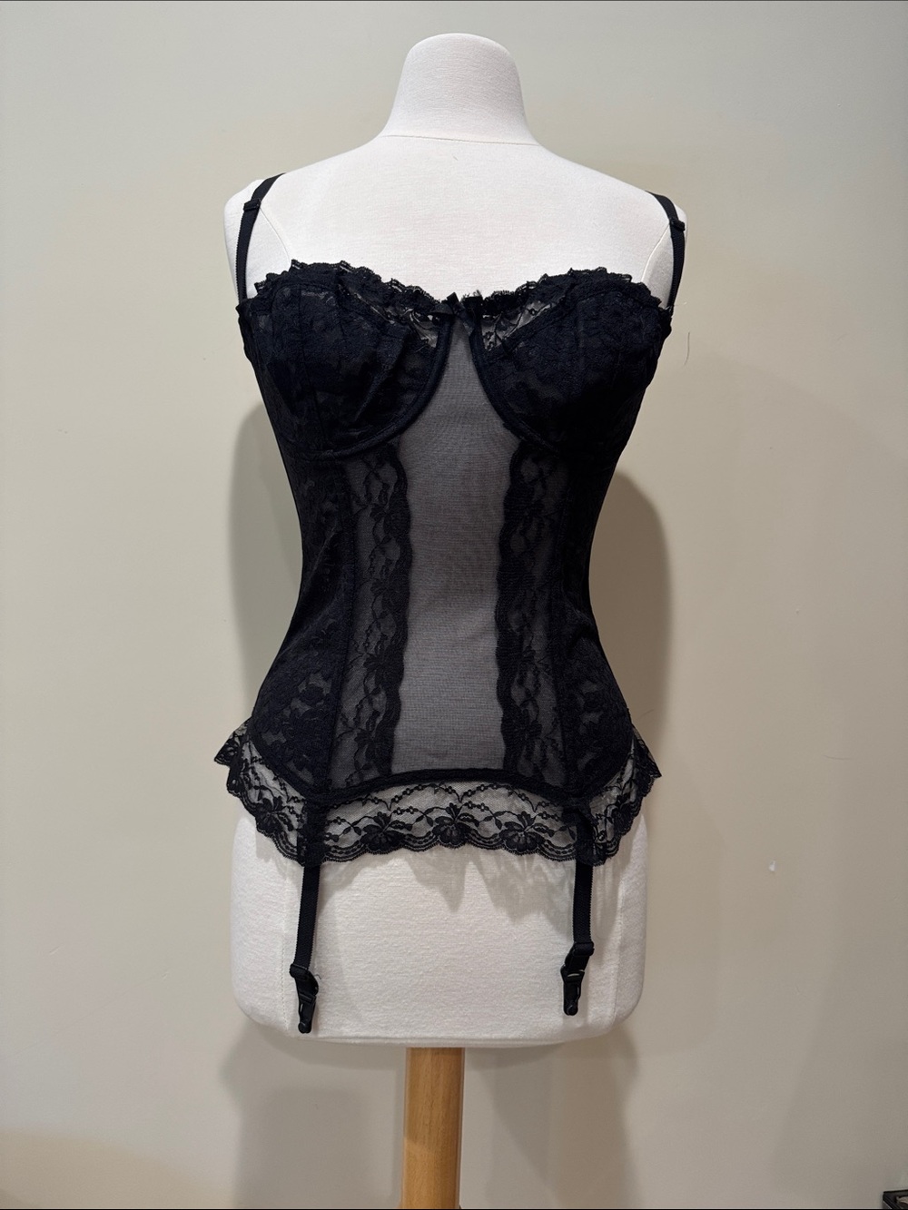 Sheer Black Lace Corset Bustier with Garter Straps
